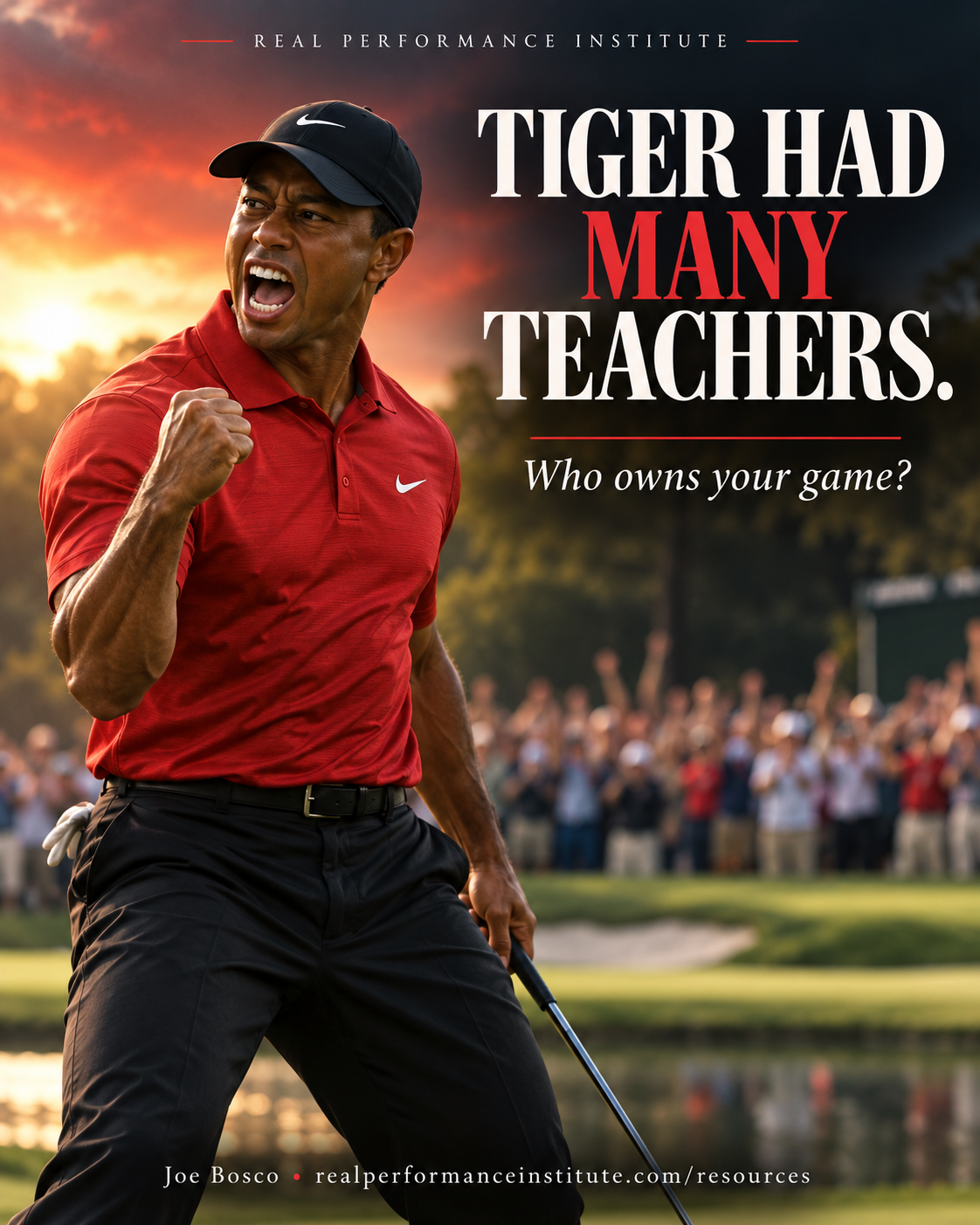 Illustration of a golfer in a red shirt celebrating a fist pump at sunset, with the headline 'Tiger had many teachers. Who owns your game?' — AI-generated illustration